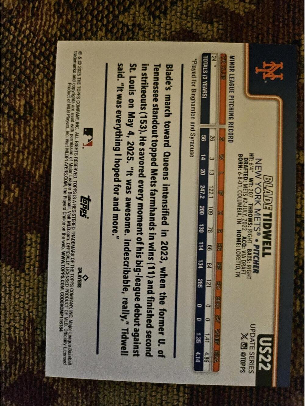 2025 Topps Update #US22 - Blade Tidwell - Mets - Rookie Card - Picture 2 of 2